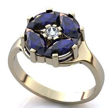 Кольцо "Цветок" с топазом London Blue и бриллиантом R231